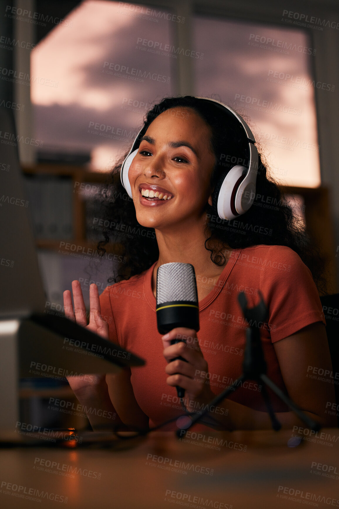 Buy stock photo Woman, headphones and microphone, radio DJ or podcast with journalist and live media broadcast at night. Happy, tech and multimedia, communication and social media streamer with content creation