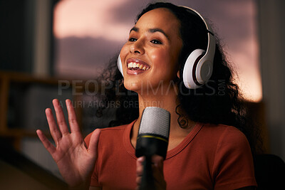 Buy stock photo Woman, headphones and microphone, radio talk show and podcast, press journalist and live broadcast at night. Happy, tech and multimedia, communication and social media streamer with content creation