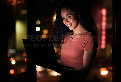 Buy stock photo Laptop, office and business woman at night in dark online for typing email, website and browse internet. Creative agency, working late and happy person on computer for planning, research and review