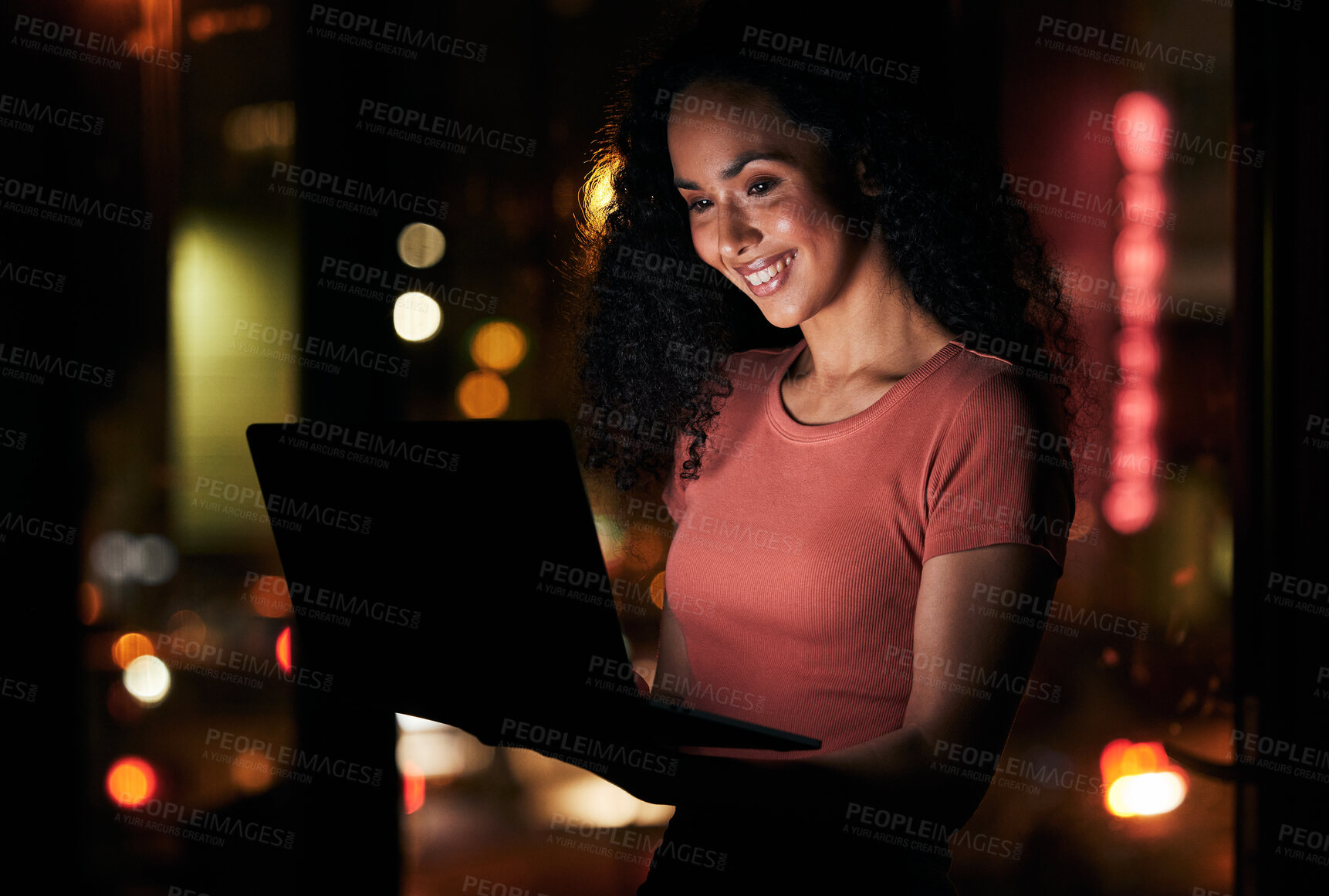 Buy stock photo Laptop, office and business woman at night in dark online for typing email, website and browse internet. Creative agency, working late and happy person on computer for planning, research and review