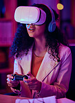 VR, glasses and woman, gaming developer and programmer test game software, futuristic technology and neon light in office. Information technology professional or gamer with virtual reality at night