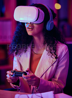 Buy stock photo VR, glasses and woman, gaming developer and programmer test game software, futuristic technology and neon light in office. Information technology professional or gamer with virtual reality at night