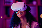 Woman, video and virtual reality, digital world and 3D with future technology, UX and neon lighting. VR goggles,  metaverse with scifi or fantasy simulation, gaming and holographic with multimedia