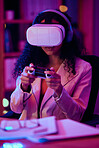 Virtual reality, glasses and woman, gaming developer or programmer for game software and futuristic electronics at night. Information technology gamer in vr vision, controller and programming in neon