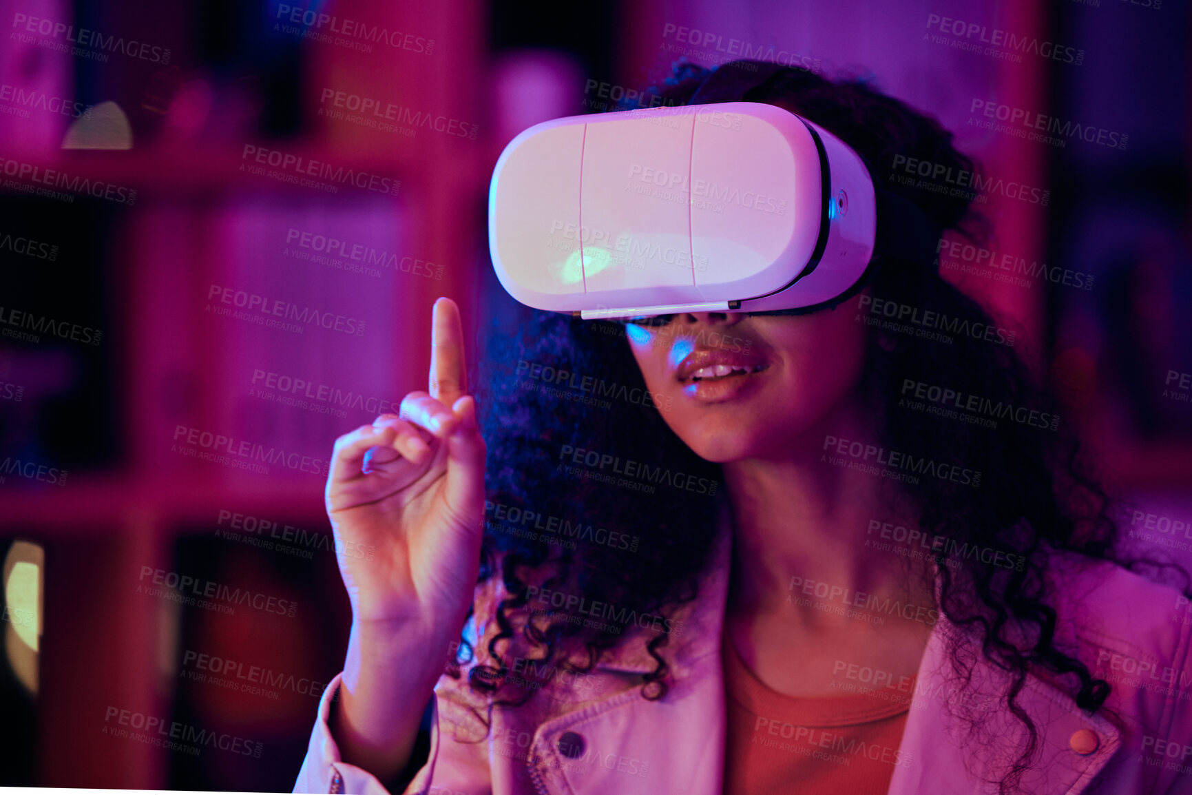 Buy stock photo Woman, hand and virtual reality, press on screen with digital world and 3D, future technology and neon lighting. Experience, VR and metaverse, scifi or fantasy with simulation, gaming and holographic