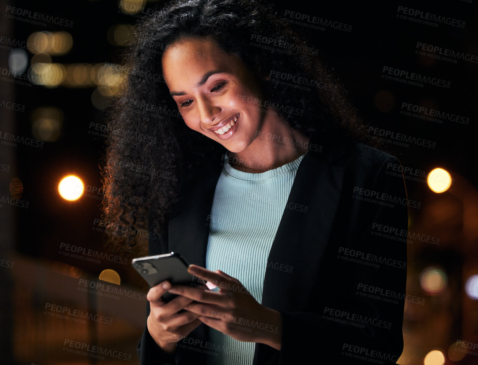 Buy stock photo Phone, rooftop and happy business woman typing internet search, scroll on website or contact social media user. Happiness, urban city and night person check cellphone app, feedback and reading email