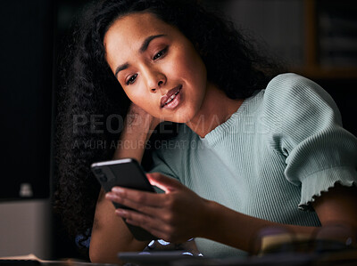 Buy stock photo Phone, reading and professional woman typing, search online or texting business contact, user or agent. Networking, smartphone and night person research mobile connection, media app or check email