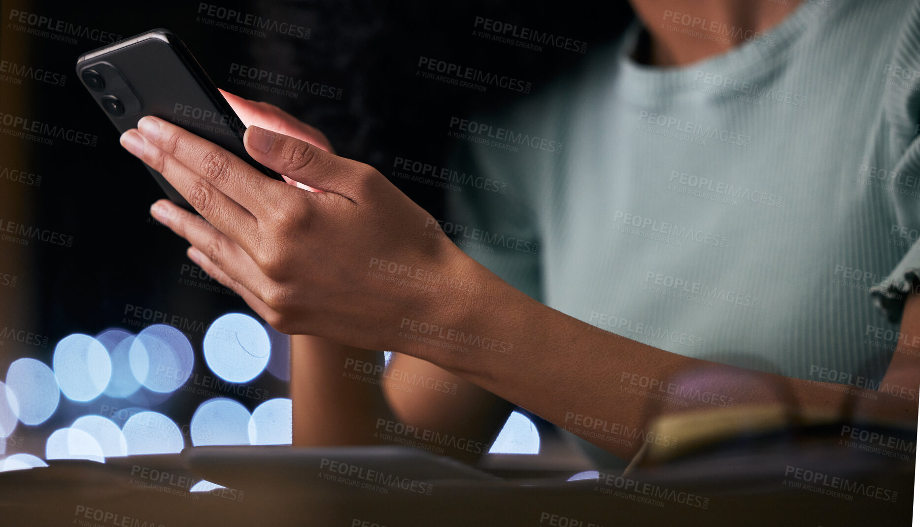 Buy stock photo Smartphone, communication and hands of person typing, search web or text online business contact. News media, closeup cellphone and night worker research mobile user, application and scroll on email