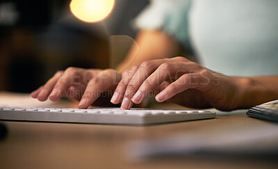 Buy stock photo Hands, keyboard and a business person typing in an office closeup at night for overtime project management. Computer, email and desk with an employee working on a report or assignment in the evening