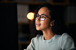 Student, woman and computer for night reading, online education or university research in dark. Young person on desktop, glasses reflection or vision for online studying, college deadline or planning