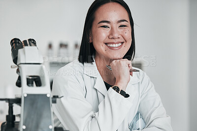 Buy stock photo Science, microscope and portrait of Asian woman in laboratory for research, analysis and study. Biotechnology, healthcare and happy scientist with equipment for medical innovation, sample and test