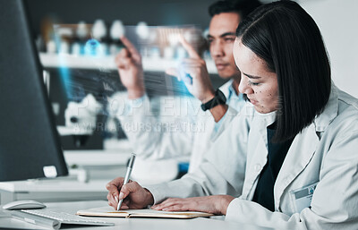 Buy stock photo Medical, science and man with woman, hologram and futuristic with chemistry, writing and healthcare innovation. Holographic, staff and doctors with cooperation, teamwork and data analytics in a lab