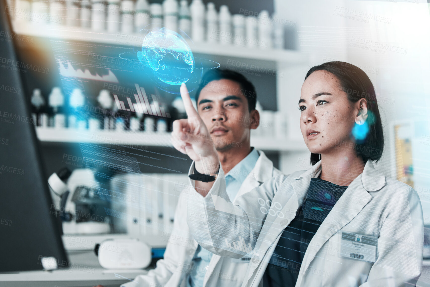 Buy stock photo Medical, research and man with woman, hologram and futuristic with chemistry, global and cure development. Holographic, staff or coworkers with cooperation, teamwork or data analytics in a laboratory