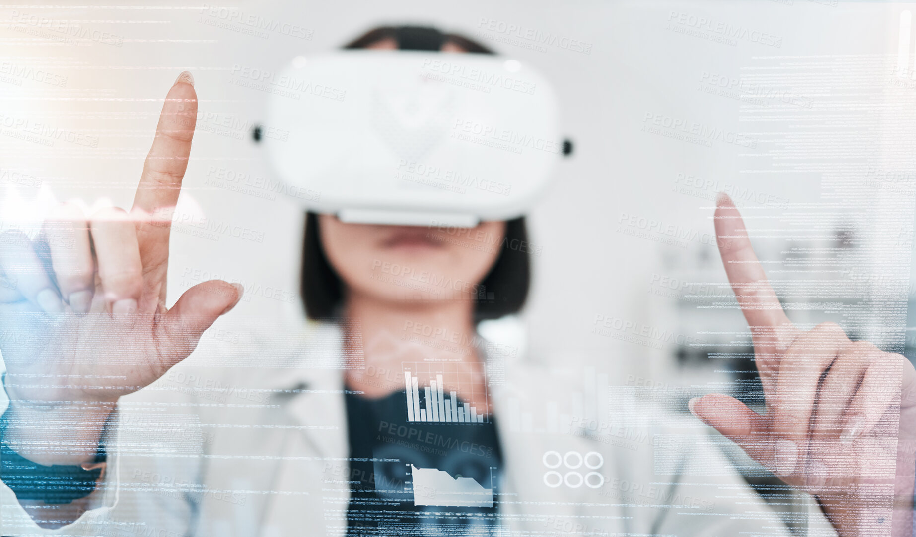 Buy stock photo Virtual reality, overlay and hands of scientist in laboratory for digital transformation and medical research on hologram. Woman, tech growth in science and futuristic vr with web innovation for work