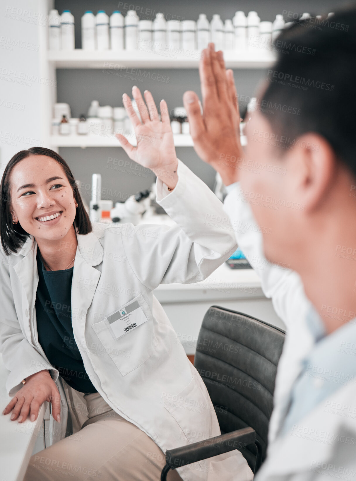 Buy stock photo Medical, research and man with woman, high five and science with achievement, teamwork and congratulations. Coworkers, happy scientist and mentor with hand gesture, chemistry and success with support