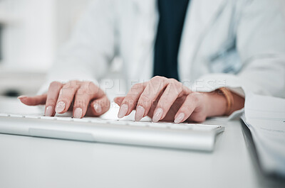 Buy stock photo Keyboard, person hands and typing closeup with manicure, hospital and clinic work at computer and desk. Medical research, working and professional report with email and online for work and doctor job