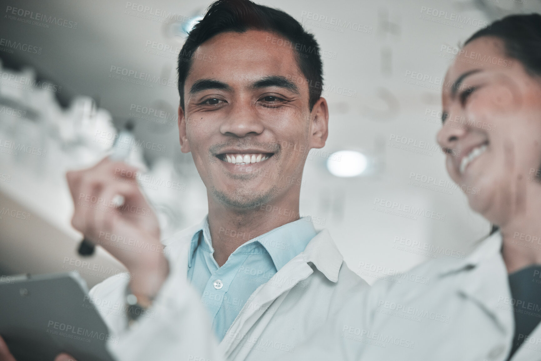 Buy stock photo Happy scientist, writing and teamwork in planning, theory or formula on glass board in laboratory. Man and woman in science strategy, scientific discovery or team plan for brainstorming ideas at lab