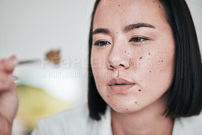 Buy stock photo Science, sample and Asian woman in laboratory for research, medical analysis and study. Healthcare, pharmaceutical and scientist with plant specimen for testing, innovation and medicine development