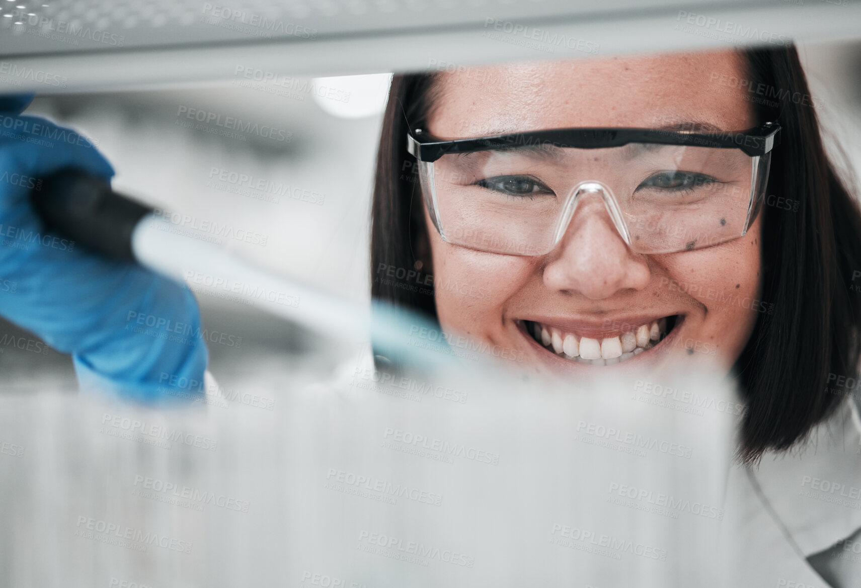 Buy stock photo Test tubes, scientist smile and woman with investigation, and science research success of Asian person. Laboratory, professional and healthcare worker with medicine and liquid check for hospital test