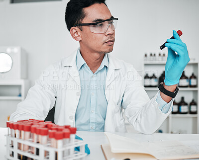 Buy stock photo Scientist, asian man and blood test in laboratory for medical investigation, chemistry research and vaccine. Science, worker and dna analysis of sample, healthcare innovation and medicine development