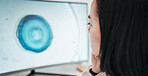 Computer, screen and woman in laboratory for website, innovation and medical research. Healthcare pc, pharmaceutical and worker reading online for medicine, biotechnology and medicine service