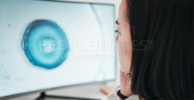 Buy stock photo Computer, screen and woman in laboratory for website, innovation and medical research. Healthcare pc, pharmaceutical and worker reading online for medicine, biotechnology and medicine service