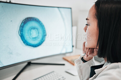 Buy stock photo Computer, screen and Asian woman in laboratory for website, innovation and medical research. Healthcare, pharmaceutical and worker reading pc for innovation, biotechnology and medicine service