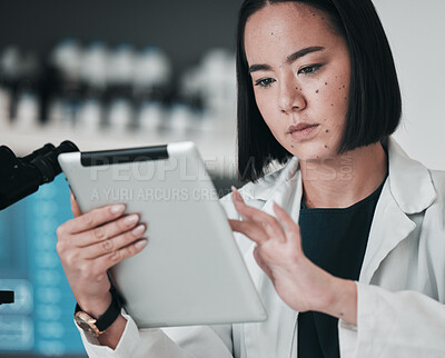 Buy stock photo Scientist, woman and tablet of laboratory research, data analysis and reading results or online vaccine report. Asian doctor or medical expert on digital technology for science software in healthcare