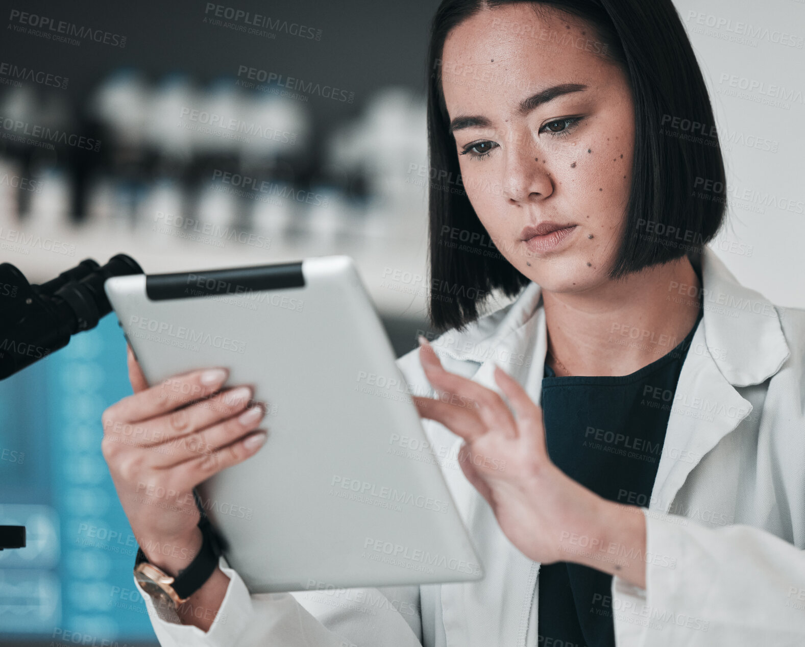 Buy stock photo Scientist, woman and tablet of laboratory research, data analysis and reading results or online vaccine report. Asian doctor or medical expert on digital technology for science software in healthcare