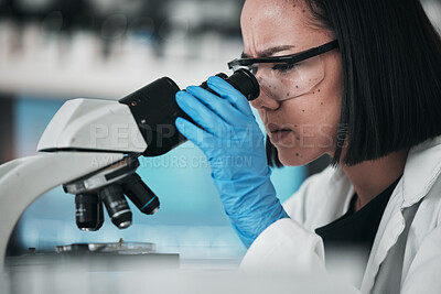 Buy stock photo Science, microscope sample and Asian woman in laboratory for research, analysis and study. Microbiology, healthcare ppe and scientist with equipment for medical innovation, pharmacy and DNA test