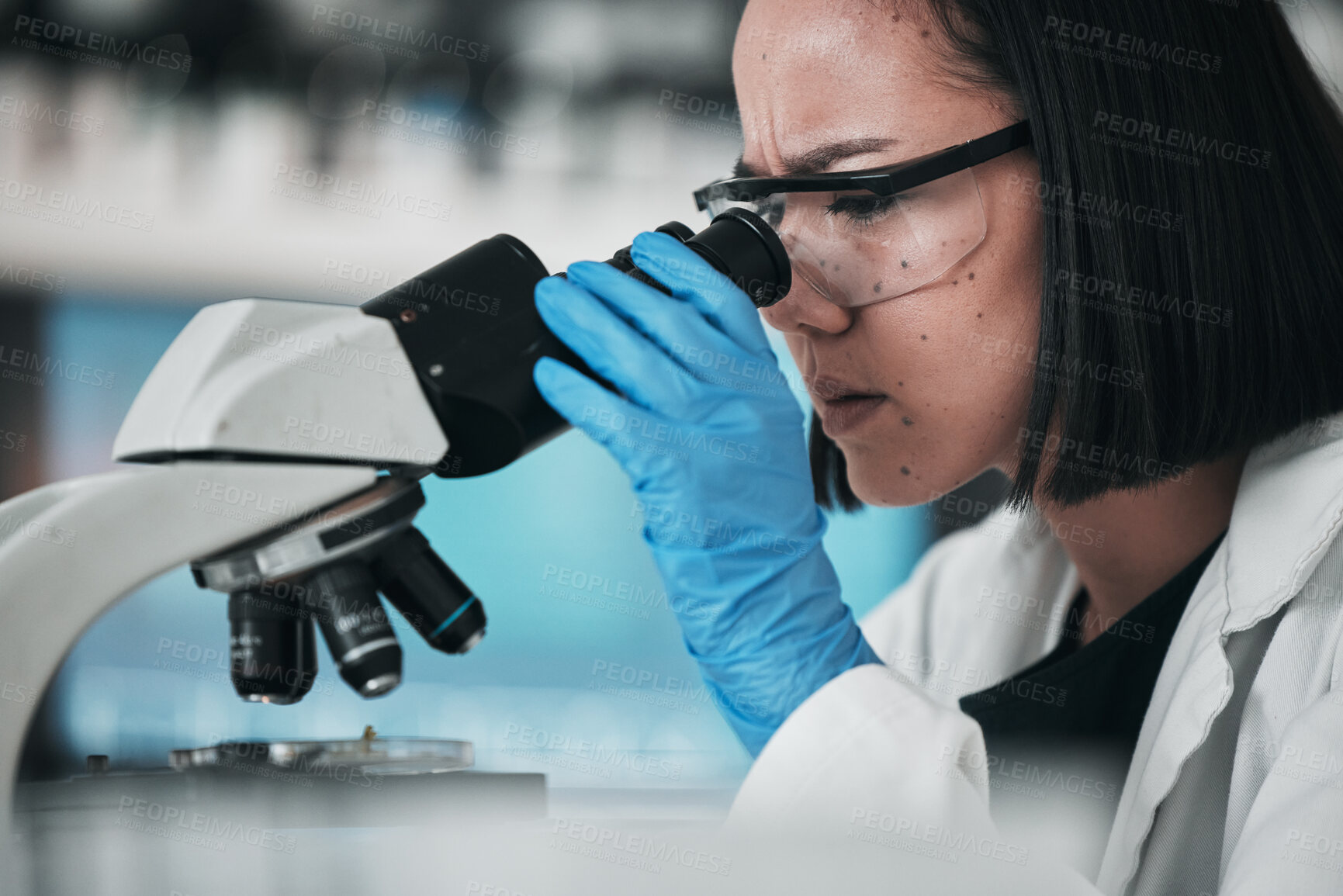 Buy stock photo Science, microscope sample and Asian woman in laboratory for research, analysis and study. Microbiology, healthcare ppe and scientist with equipment for medical innovation, pharmacy and DNA test