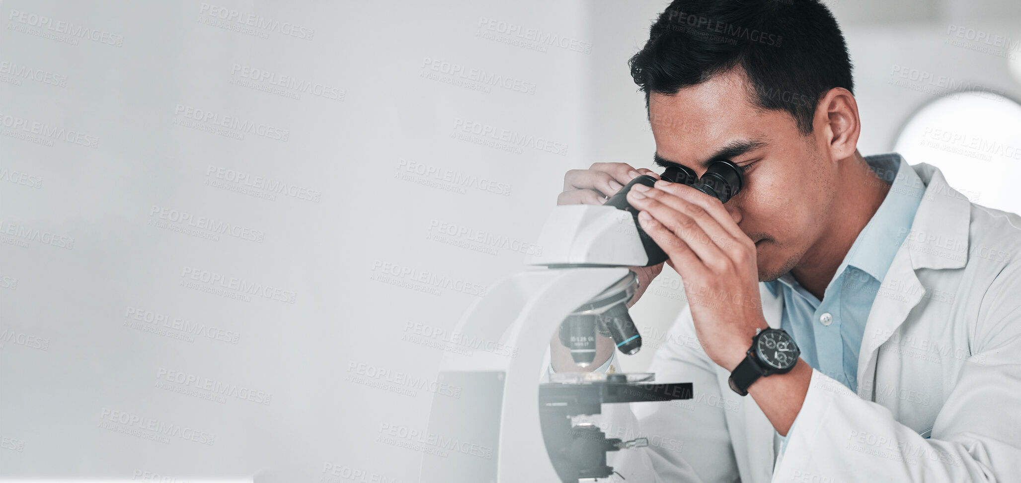 Buy stock photo Microscope, science and banner of man in laboratory for research, analysis and studying genes, particles or dna. Scientist, biotechnology and check lens to review investigation, test and mockup space