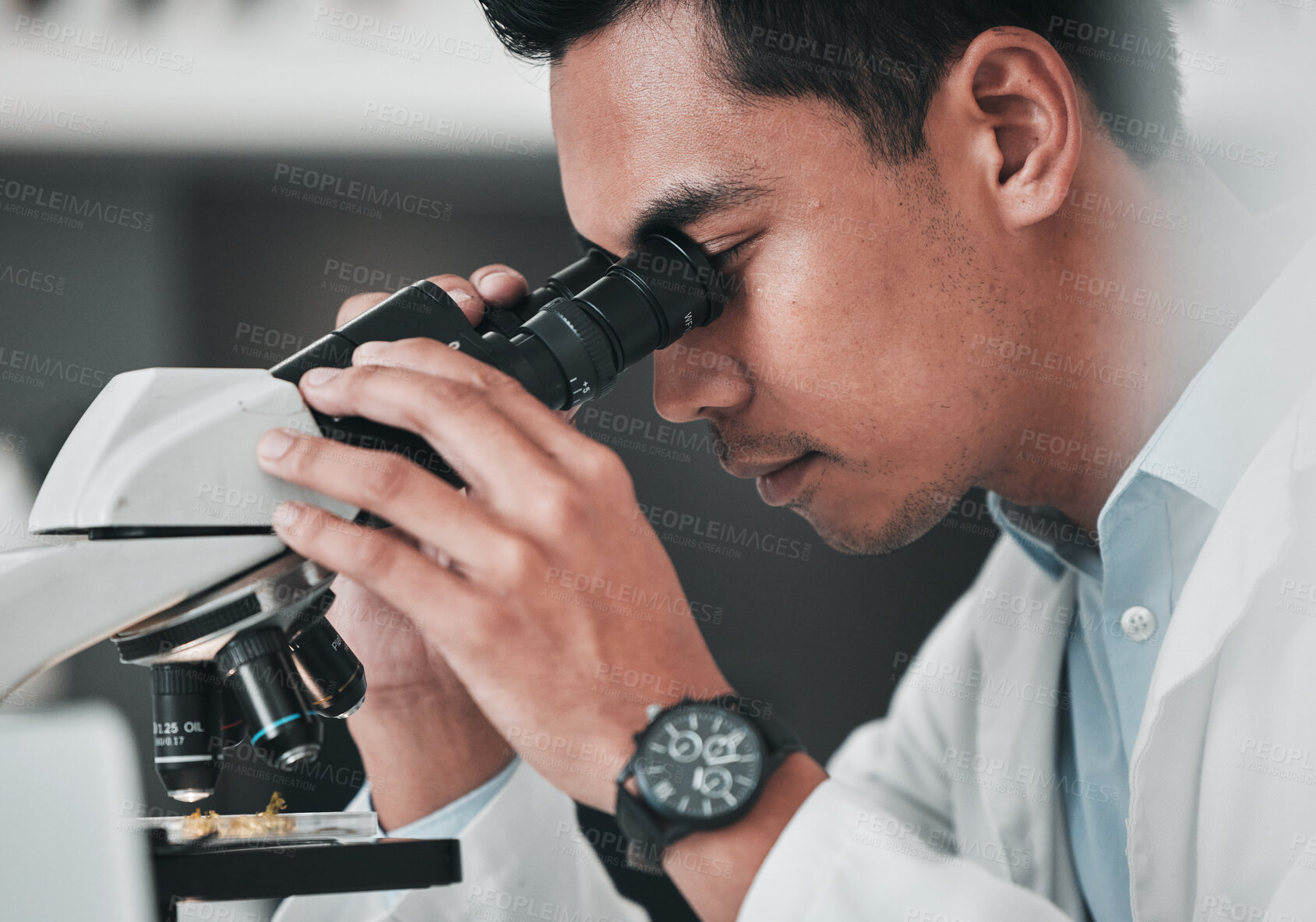 Buy stock photo Scientist, man and microscope for science research, data analysis and DNA investigation with laboratory technology. Professional doctor or medical expert with lens check for particles inspection