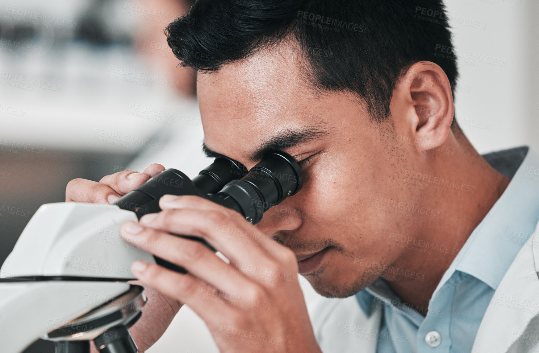 Buy stock photo Scientist, man and microscope in laboratory research, DNA analysis and pharmaceutical development or medical study. Professional science person or doctor in biotechnology and lens check of particles