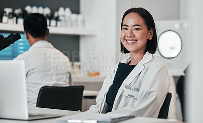 Buy stock photo Scientist, woman and portrait at laptop in laboratory for innovation, research and biotechnology software. Happy asian science technician working online to review data, investigation and development 