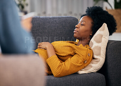 Buy stock photo Therapy, sofa and black woman relax in consultation for mental health, help and listening to communication. Psychologist, counselling and patient lying on couch in peace, calm and sleep in comfort