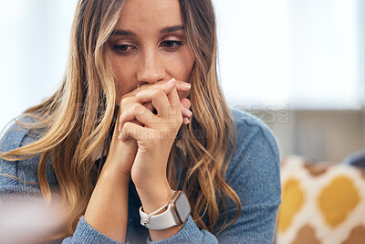 Buy stock photo Sad woman on sofa with stress for therapy, advice and help for anxiety, depression and fear with care. Problem, support and girl on couch with therapist, psychologist and counseling for mental health