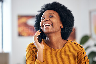 Funny black woman in phone call, talking and conversation with contact at home. African person laughing on smartphone, listening to comedy and news in discussion of meme, communication and excited