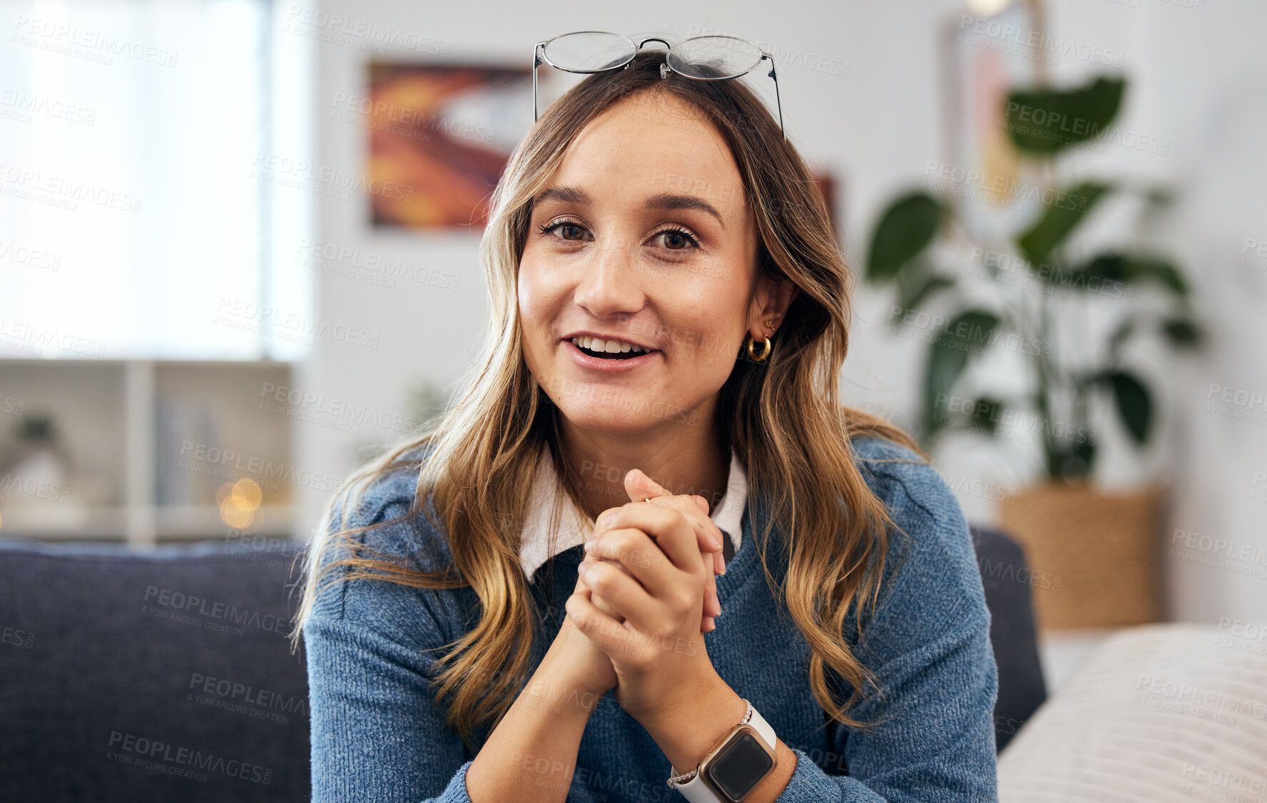 Buy stock photo Therapist, woman and talking on sofa with psychology, advice or holistic discussion of mental health or trauma in therapy office. Professional, psychologist and person speaking of anxiety on couch