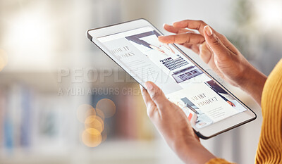 Buy stock photo Web design, research and hands with a tablet for work, programming or check on the internet. Connection, office and an employee with technology for a website, ux development or an online blog