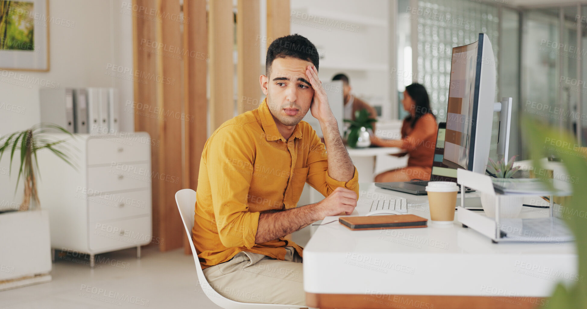 Buy stock photo Stress, depression and business man at table in office for challenge, financial crisis or bankruptcy in startup. Frustrated, anxiety and sad professional thinking of bad news, tax debt and mistake