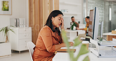 Buy stock photo Business woman, headache and stress on computer of marketing mistake, research fatigue and website fail or error. Tired worker or employee with depression, pain or sad for company social media crisis