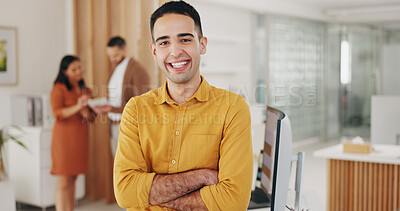 Buy stock photo Portrait, smile and business man with arms crossed in office, startup company or creative workplace. Face, happy designer and confident professional, entrepreneur and employee or worker in Brazil.