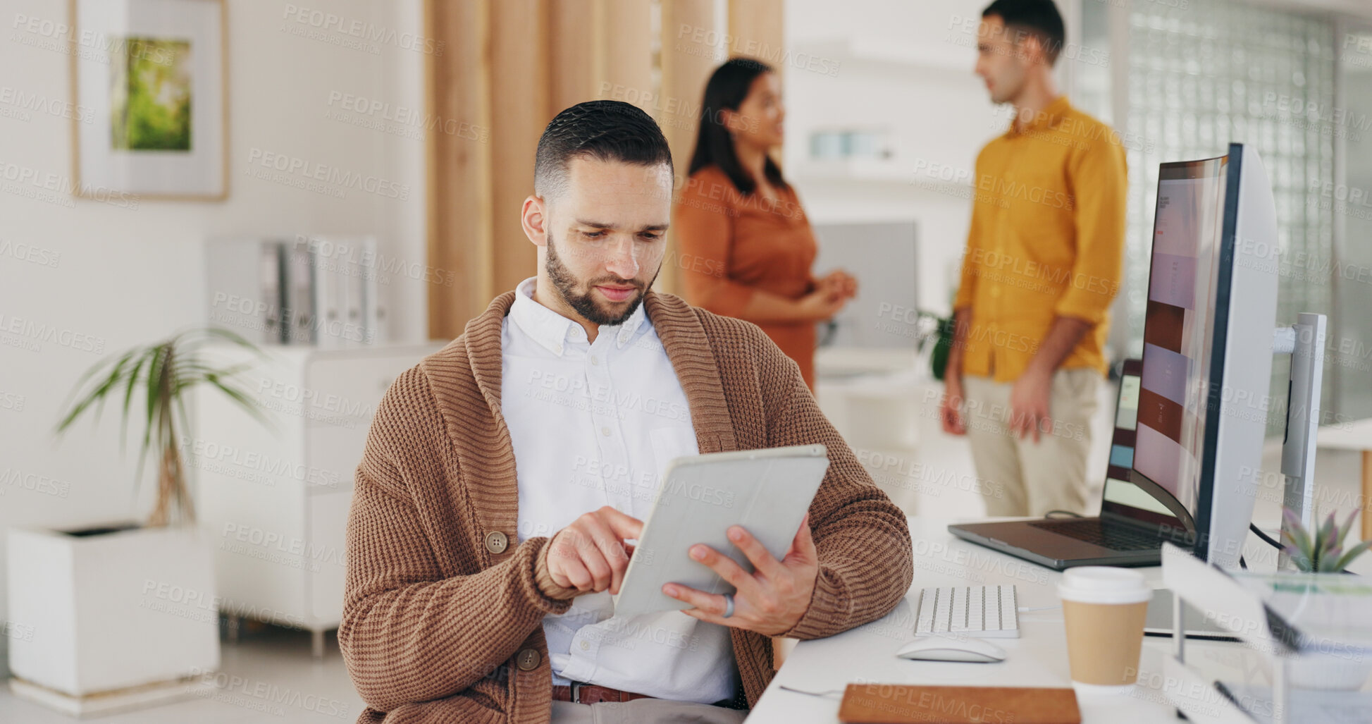 Buy stock photo Business man, tablet and designer typing, scroll or working on project plan, webdesign layout or social media app research. Website analysis, connection and person review creative design development