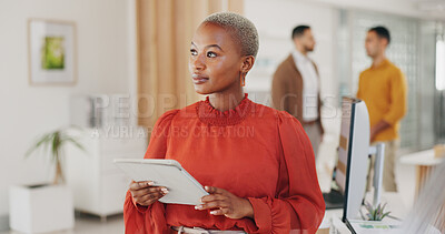 Buy stock photo Professional black woman, tablet and designer thinking of creative inspiration plan, online development or agency research. Brainstorming, African business person and problem solving project solution