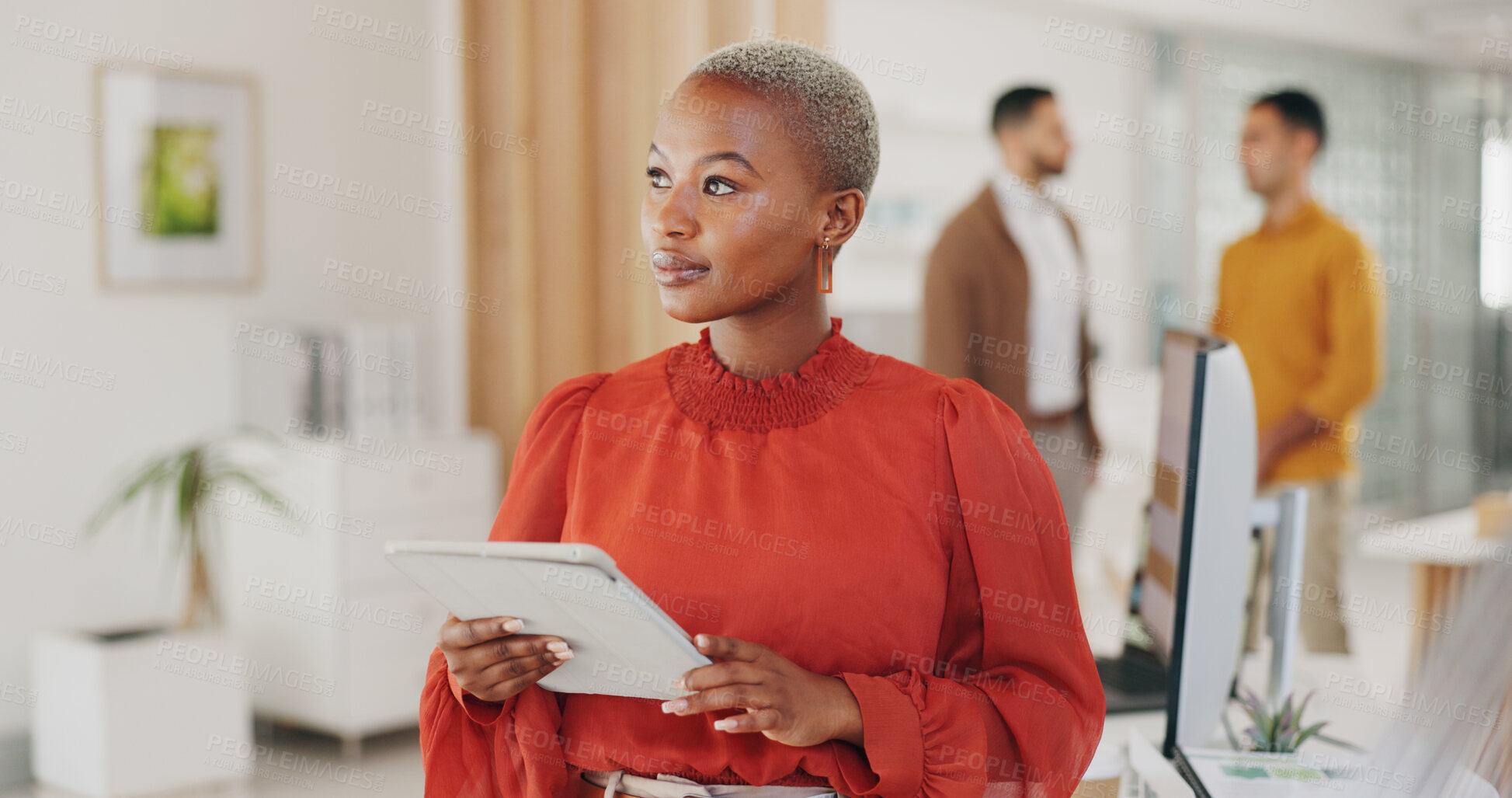 Buy stock photo Professional black woman, tablet and designer thinking of creative inspiration plan, online development or agency research. Brainstorming, African business person and problem solving project solution