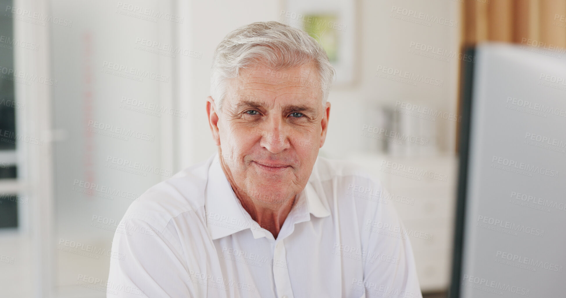 Buy stock photo Portrait, ceo and happy senior man in office, company or corporate workplace for success in career. Face, manager and confident professional entrepreneur, business executive and boss in Australia.