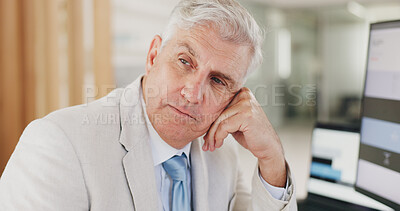 Buy stock photo Business man, thinking and vision or idea on computer for company profit, financial investment or stock market. Corporate CEO, executive or boss with trading problem, solution or decision in office