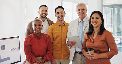 Buy stock photo Portrait, collaboration or management and a business team in the office with a mindset of growth. Smile, leadership and diversity with a happy employee group in the workplace together for teamwork