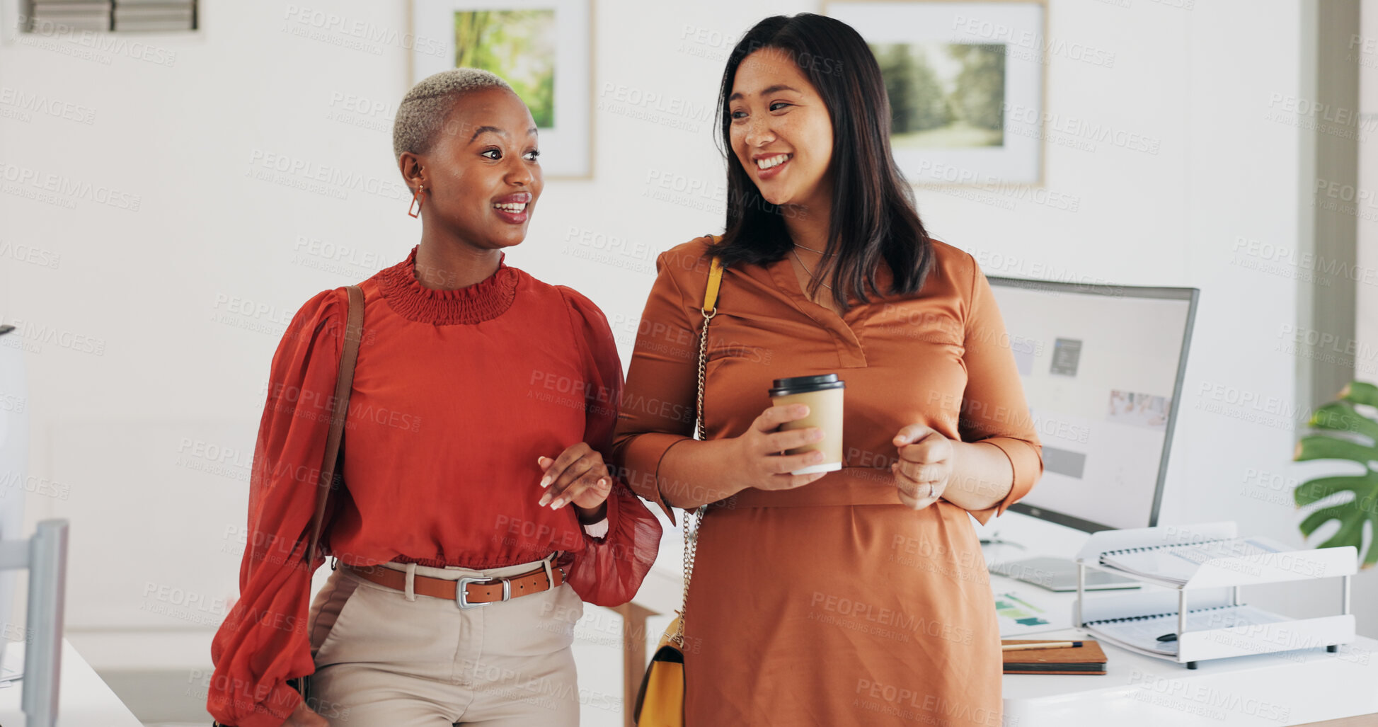 Buy stock photo Business people, walking and happy conversation in an office with coffee, smile or friendly chat. Work, friends and women with diversity, discussion or gossip, news or project, idea or communication